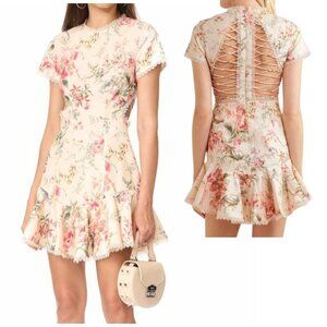 Zimmermann Mercer Flutter Dress in Cream Floral Print. Size US 6.